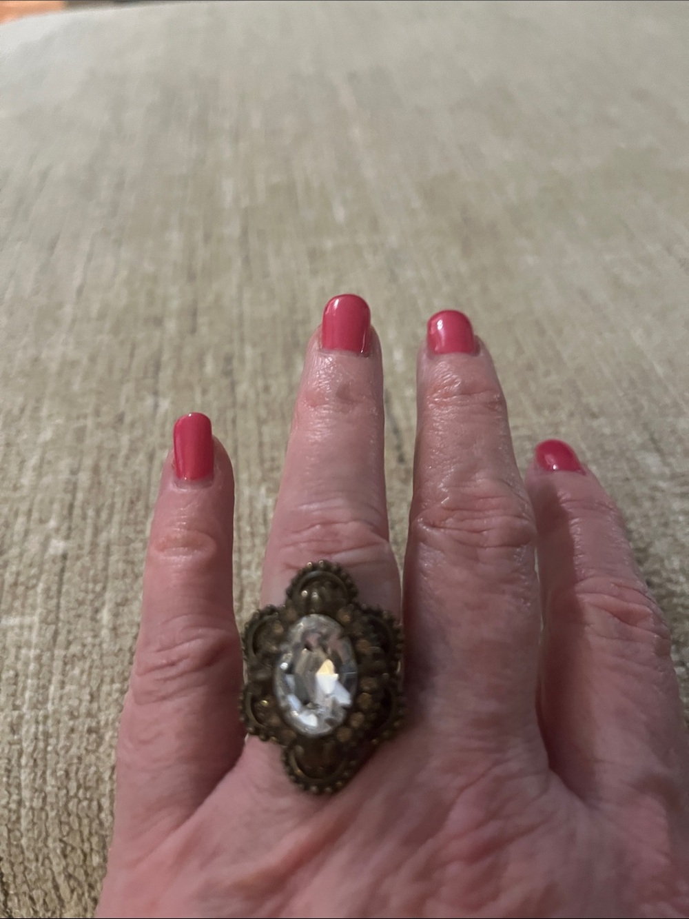 Antique-Style Bronze Filigree Ring with Clear Gemstone - Adjustable